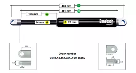 Kaasujousi 2000N Newton alkuperäinen 451/195 14/28 UmeSläpet - Kaasujouset/silmukat - 23805 - 2